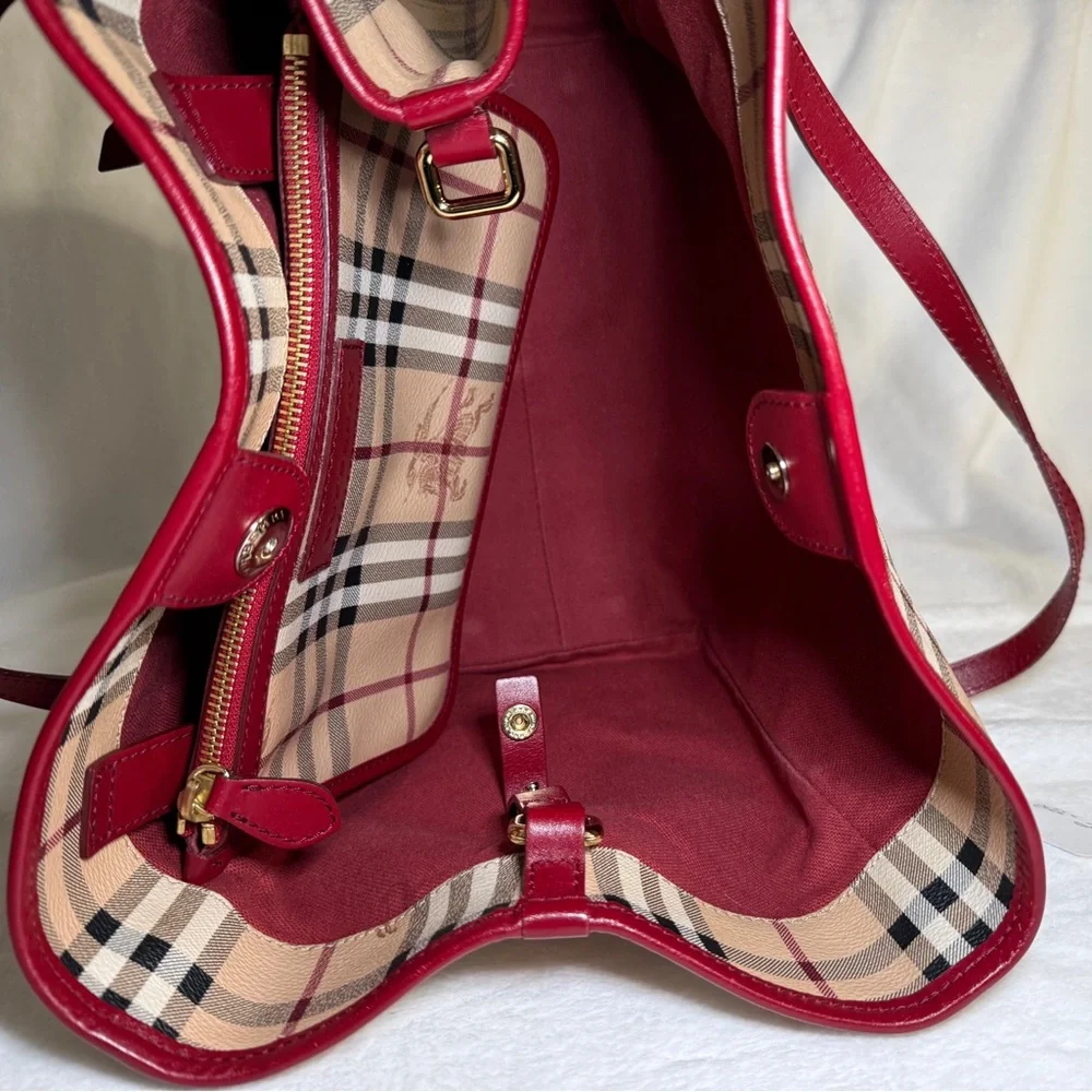 Burberry Tan Plaid Tote with Burgundy Trim - Picture 9 of 9